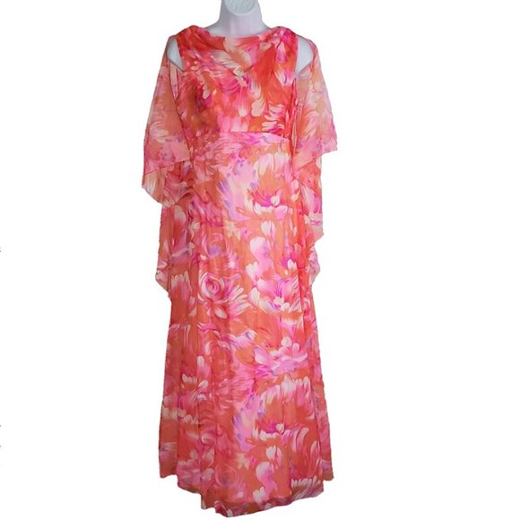 SOLD Vtg 60s Maxi Dress Women's Size 12 Watercolor Floral Pink Orange Capelet - Picture 13 of 13
